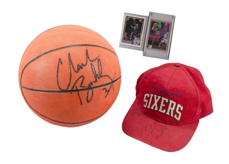 Charles Barkley Autograph Lot of (4): Signed Basketball, 76ers Hat, & (2) Basketball Cards
